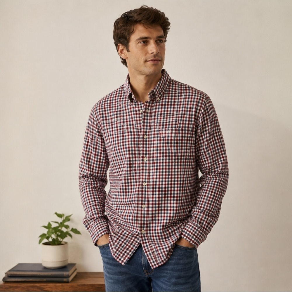Dockers Men’s Red Gray Plaid Button Down Shirt Size Large NWT